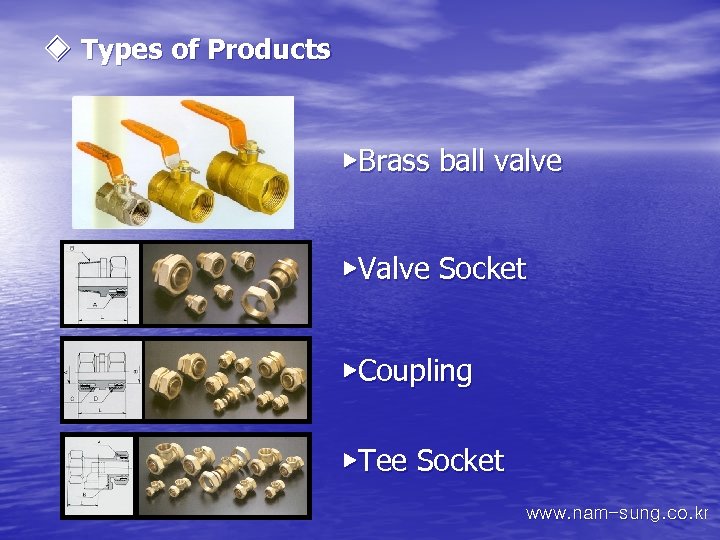 ◈ Types of Products ▶Brass ball valve ▶Valve Socket ▶Coupling ▶Tee Socket www. nam-sung.