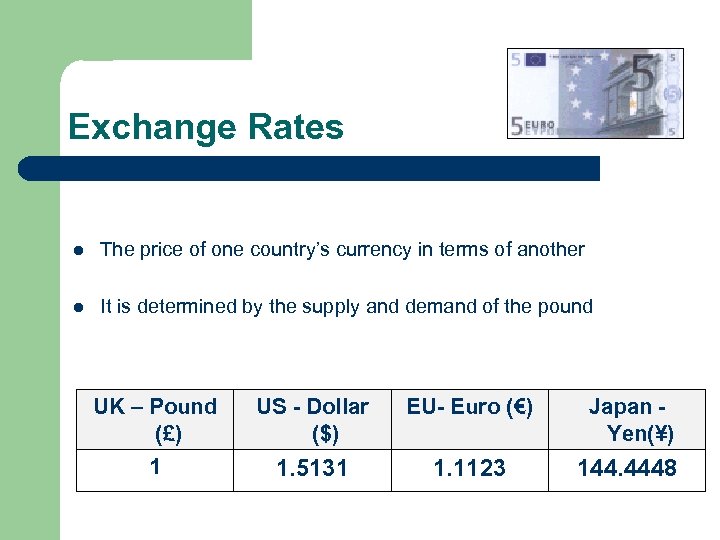Exchange Rates l The price of one country’s currency in terms of another l
