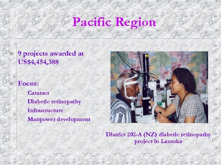 Pacific Region n 9 projects awarded at US$4, 454, 388 n Focus: – –