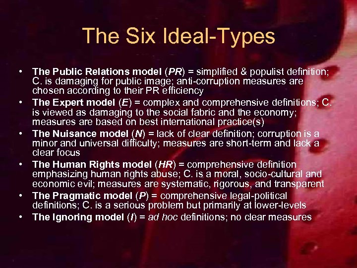The Six Ideal-Types • The Public Relations model (PR) = simplified & populist definition;