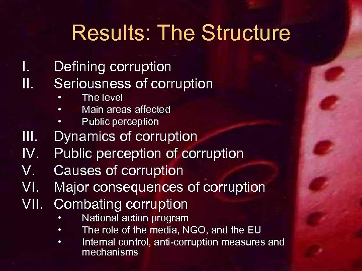 Results: The Structure I. II. Defining corruption Seriousness of corruption • • • III.