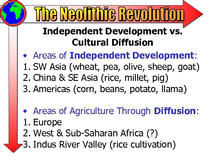 Independent Development vs. Cultural Diffusion • Areas of Independent Development: 1. SW Asia (wheat,