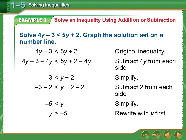 Solve an Inequality Using Addition or Subtraction Solve 4 y – 3 < 5