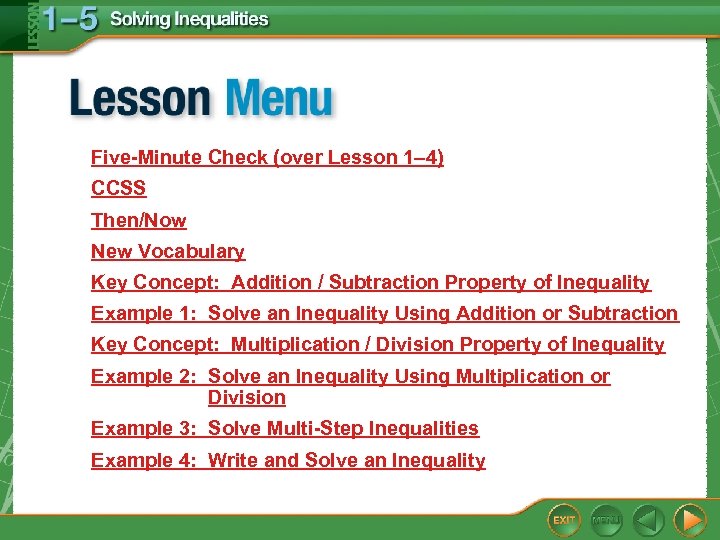 Five-Minute Check (over Lesson 1– 4) CCSS Then/Now New Vocabulary Key Concept: Addition /