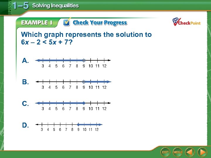 Which graph represents the solution to 6 x – 2 < 5 x +