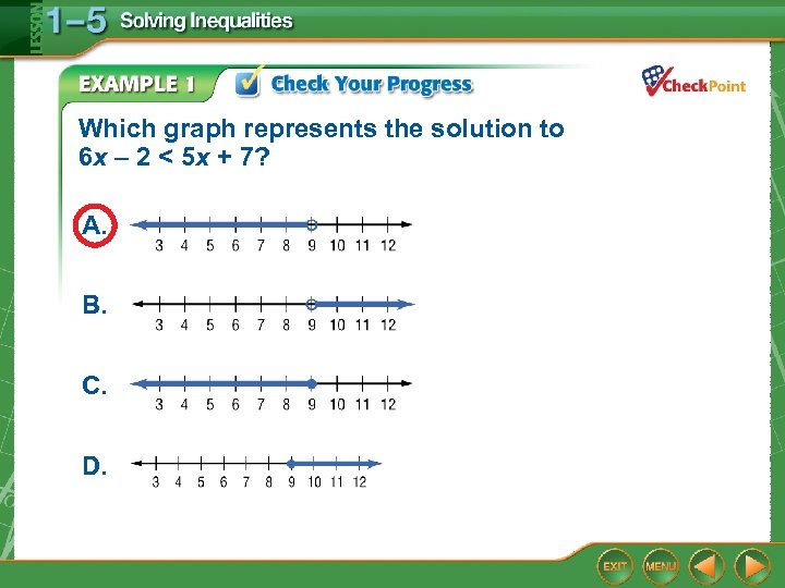 Which graph represents the solution to 6 x – 2 < 5 x +