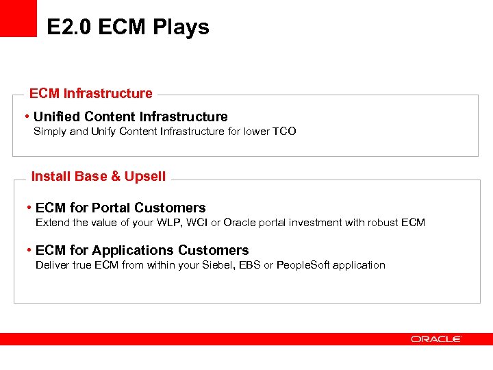 E 2. 0 ECM Plays ECM Infrastructure • Unified Content Infrastructure Simply and Unify