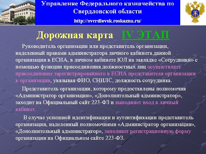 Дорожная карта IV ЭТАП Руководитель организации или представитель организации, наделенный правами администратора личного кабинета