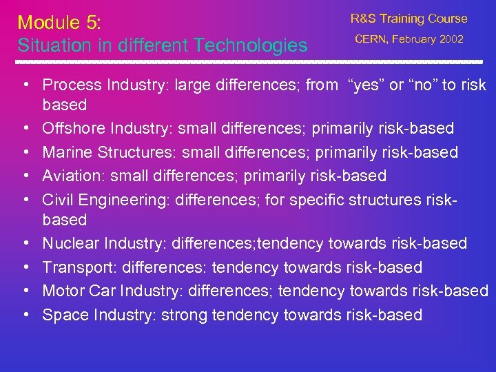Module 5: Situation in different Technologies R&S Training Course CERN, February 2002 • Process