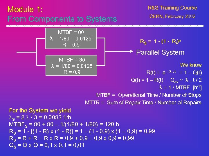 Module 1: From Components to Systems MTBF = 80 l = 1/80 = 0,