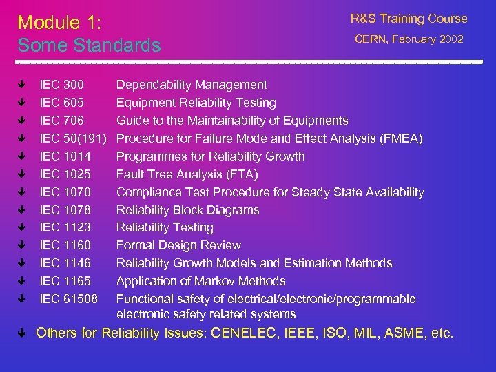 Module 1: Some Standards R&S Training Course CERN, February 2002 ê IEC 300 IEC