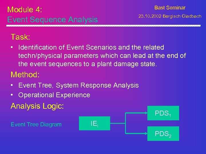 Module 4: Event Sequence Analysis Bast Seminar 23. 10. 2002 Bergisch Gladbach Task: •