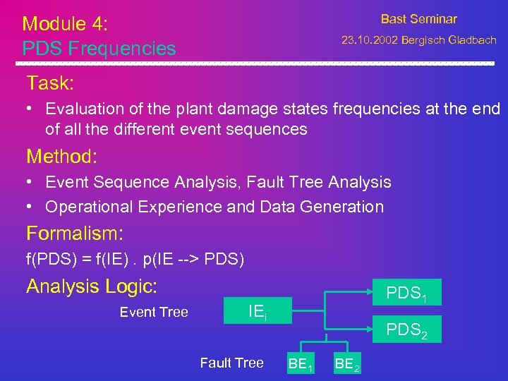 Module 4: PDS Frequencies Bast Seminar 23. 10. 2002 Bergisch Gladbach Task: • Evaluation