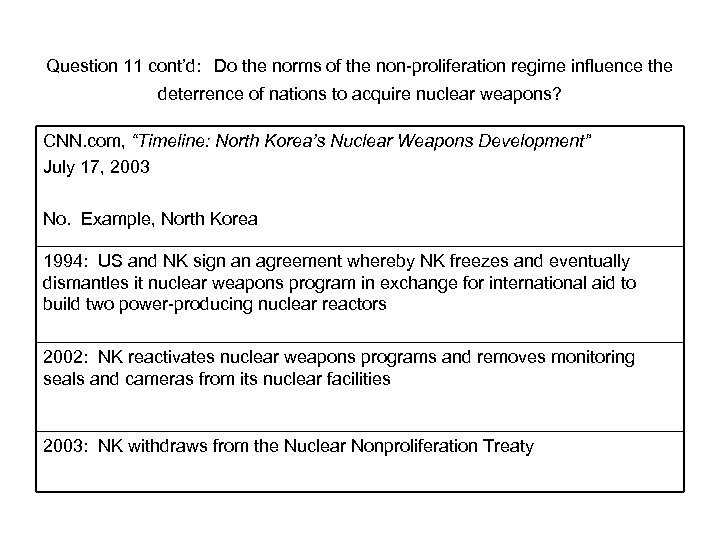 Question 11 cont’d: Do the norms of the non-proliferation regime influence the deterrence of