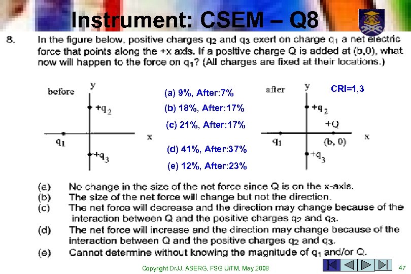 Instrument: CSEM – Q 8 (a) 9%, After: 7% CRI=1, 3 (b) 18%, After: