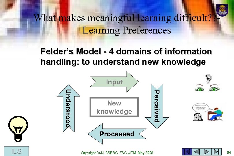What makes meaningful learning difficult? ? Learning Preferences Felder’s Model - 4 domains of