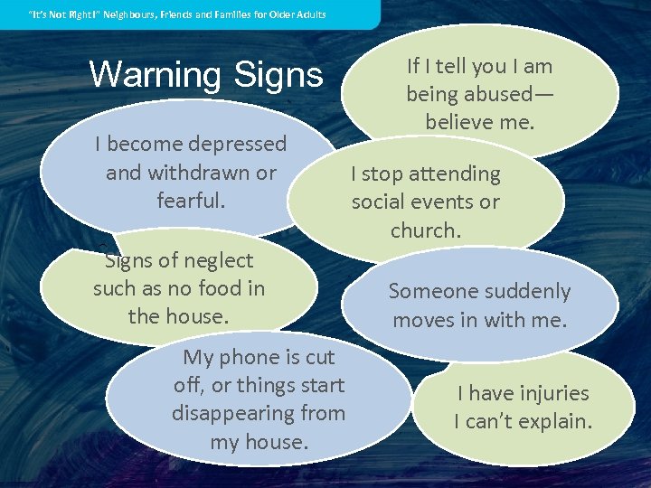 “It’s Not Right!” Neighbours, Friends and Families for Older Adults Warning Signs I become