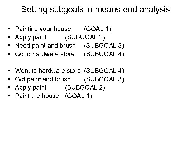 Setting subgoals in means-end analysis • • Painting your house (GOAL 1) Apply paint