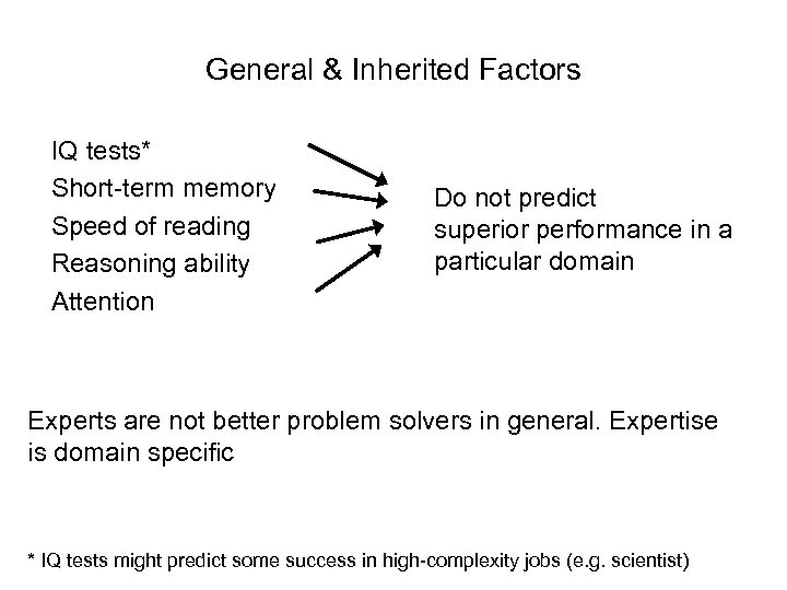 General & Inherited Factors IQ tests* Short-term memory Speed of reading Reasoning ability Attention