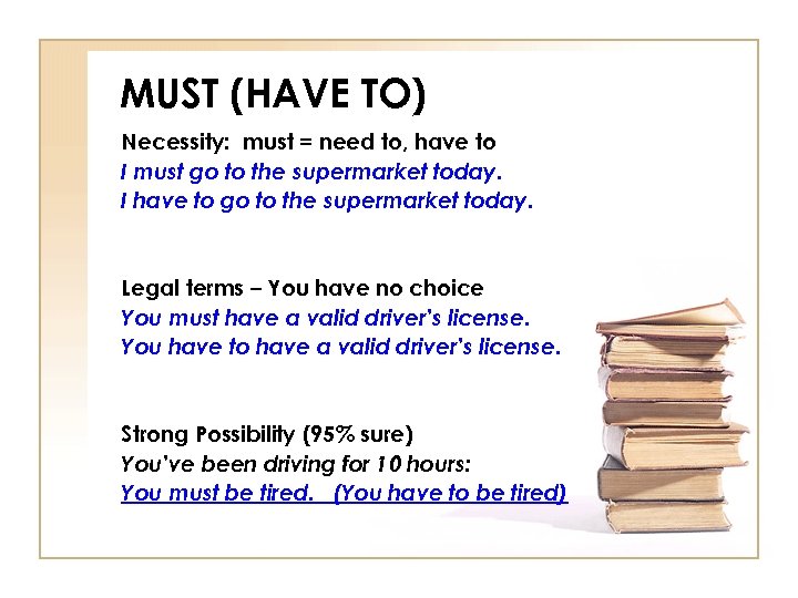 MUST (HAVE TO) Necessity: must = need to, have to I must go to