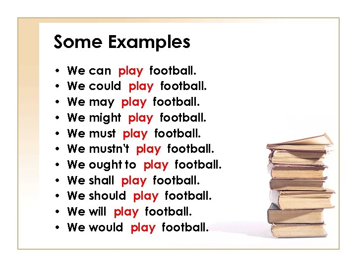 Some Examples • • • We can play football. We could play football. We