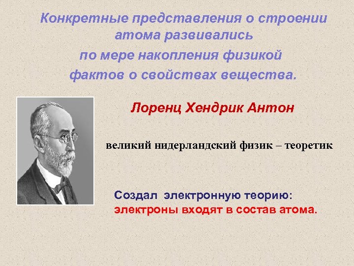 Конкретное представление. Электронная теория строения вещества. Создатели атомной теории. Электронная теория ученый. Лоренц атомного строения вещества.