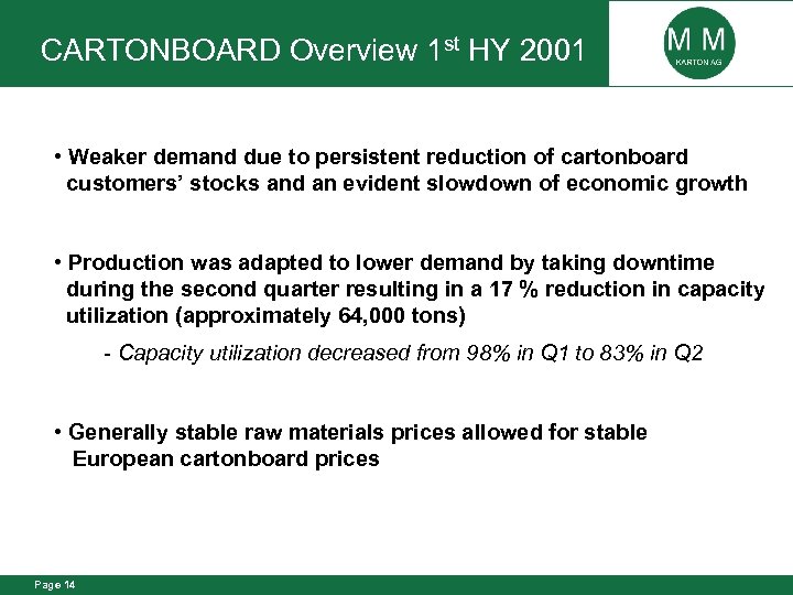 CARTONBOARD Overview 1 st HY 2001 • Weaker demand due to persistent reduction of