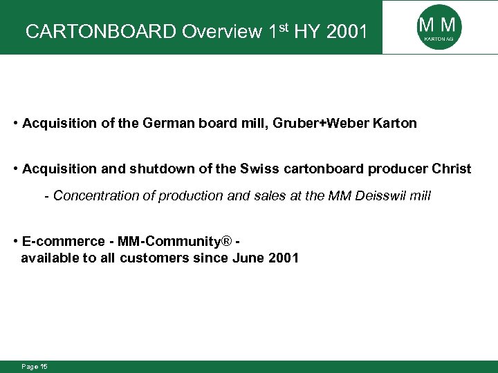 CARTONBOARD Overview 1 st HY 2001 • Acquisition of the German board mill, Gruber+Weber