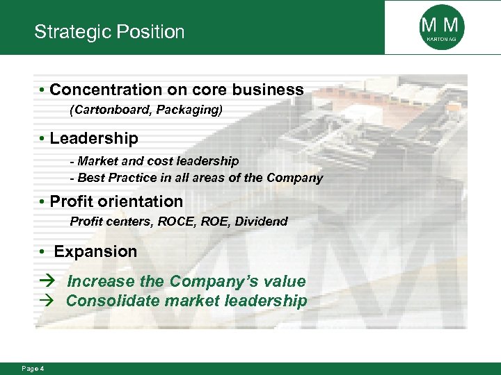 Strategic Position Concentration on core business (Cartonboard, Packaging) Leadership - Market and cost leadership