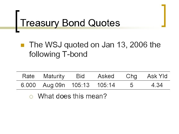 Treasury Bond Quotes n The WSJ quoted on Jan 13, 2006 the following T-bond