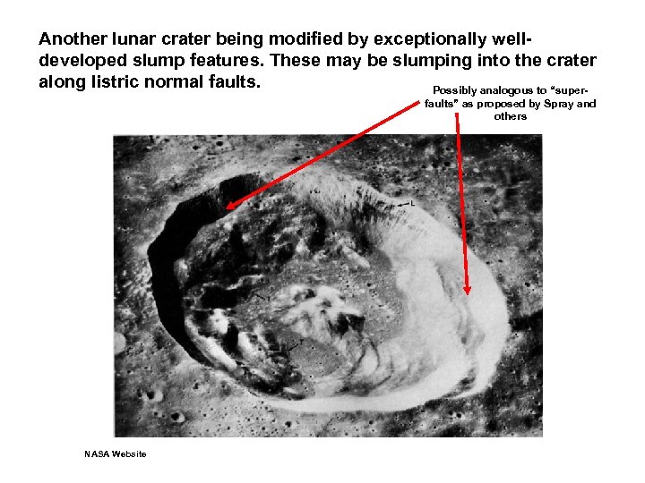 Another lunar crater being modified by exceptionally welldeveloped slump features. These may be slumping