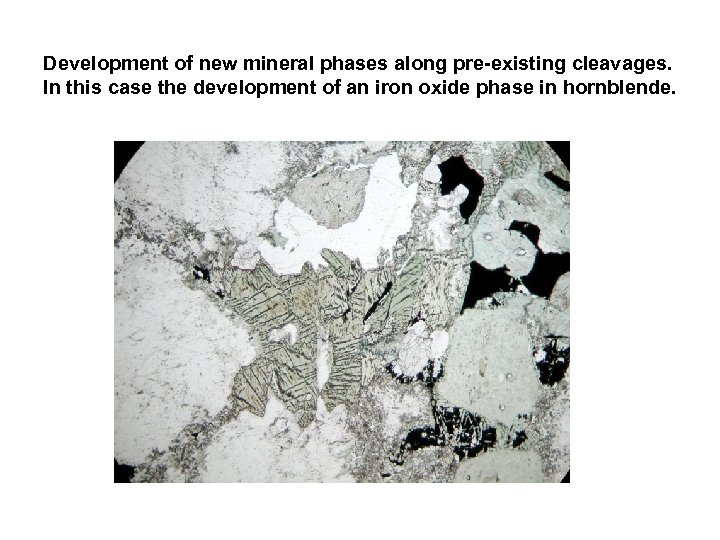 Development of new mineral phases along pre-existing cleavages. In this case the development of