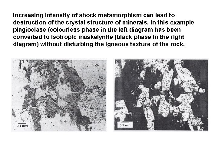 Increasing intensity of shock metamorphism can lead to destruction of the crystal structure of