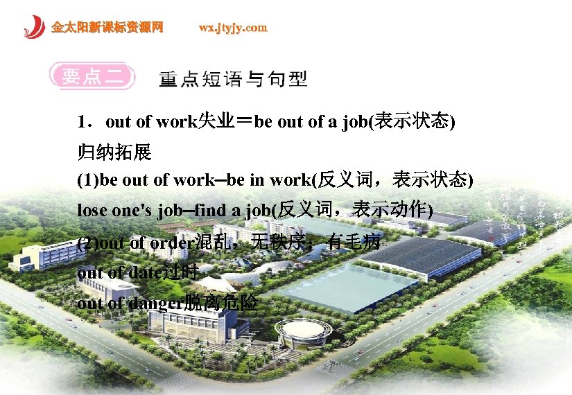 金太阳新课标资源网 wx. jtyjy. com 1．out of work失业＝be out of a job(表示状态) 归纳拓展 (1)be out