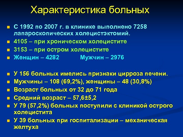 Характеристика больных n n n n n С 1992 по 2007 г. в клинике
