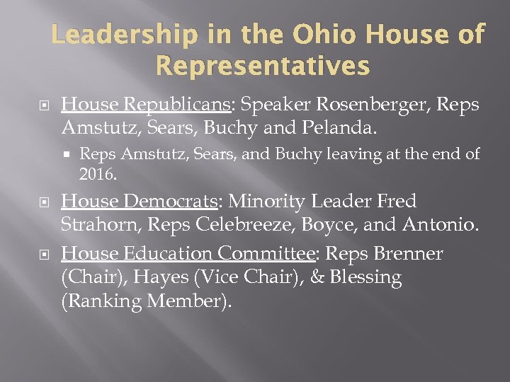 Leadership in the Ohio House of Representatives House Republicans: Speaker Rosenberger, Reps Amstutz, Sears,