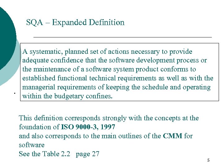 SQA – Expanded Definition A systematic, planned set of actions necessary to provide adequate