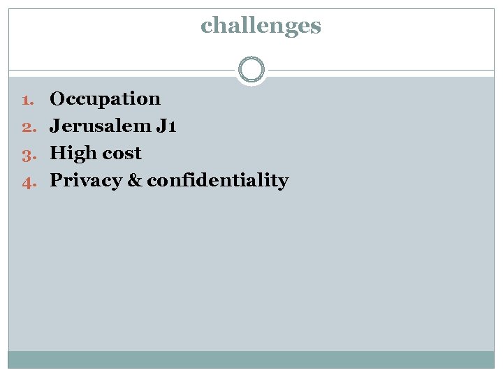 challenges 1. Occupation 2. Jerusalem J 1 3. High cost 4. Privacy & confidentiality