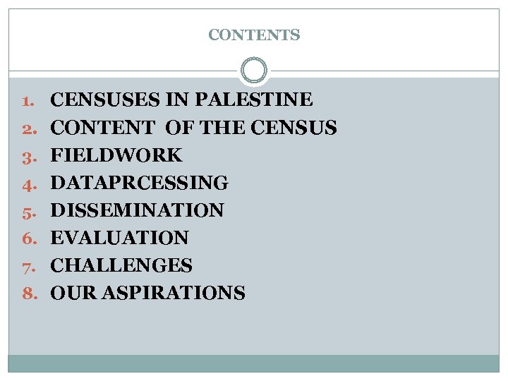 CONTENTS 1. CENSUSES IN PALESTINE 2. CONTENT OF THE CENSUS 3. FIELDWORK 4. DATAPRCESSING