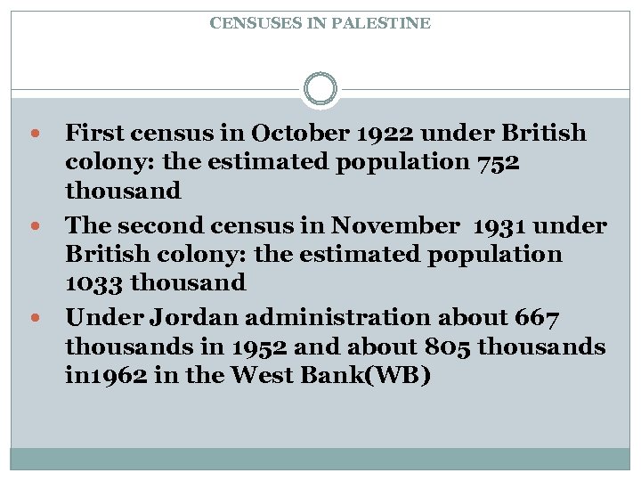 CENSUSES IN PALESTINE First census in October 1922 under British colony: the estimated population