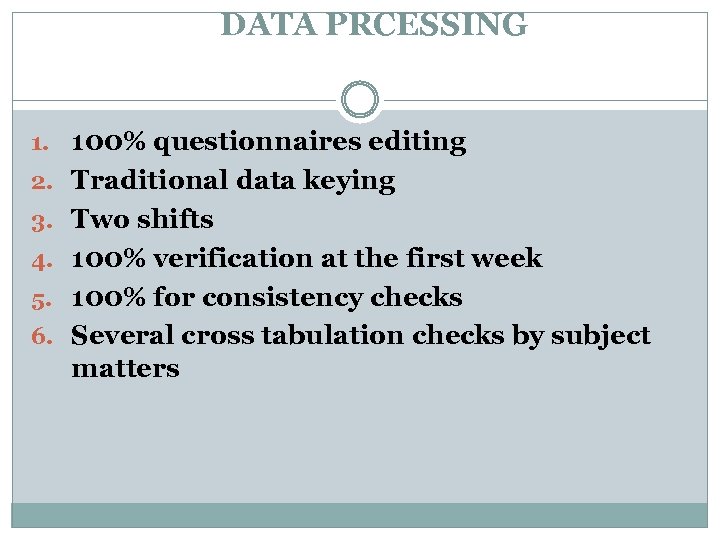 DATA PRCESSING 1. 100% questionnaires editing 2. Traditional data keying 3. Two shifts 4.