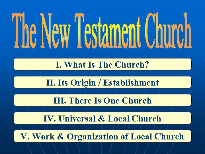 I. What Is The Church? II. Its Origin / Establishment III. There Is One