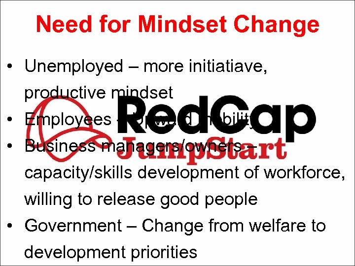Need for Mindset Change • Unemployed – more initiatiave, productive mindset • Employees –
