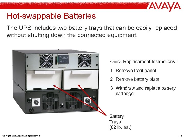 Hot-swappable Batteries The UPS includes two battery trays that can be easily replaced without