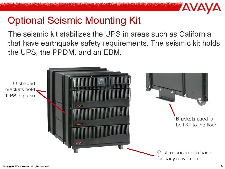 Optional Seismic Mounting Kit The seismic kit stabilizes the UPS in areas such as