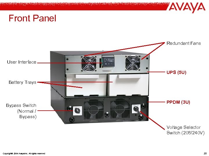 Front Panel Redundant Fans User Interface UPS (5 U) Battery Trays Bypass Switch (Normal