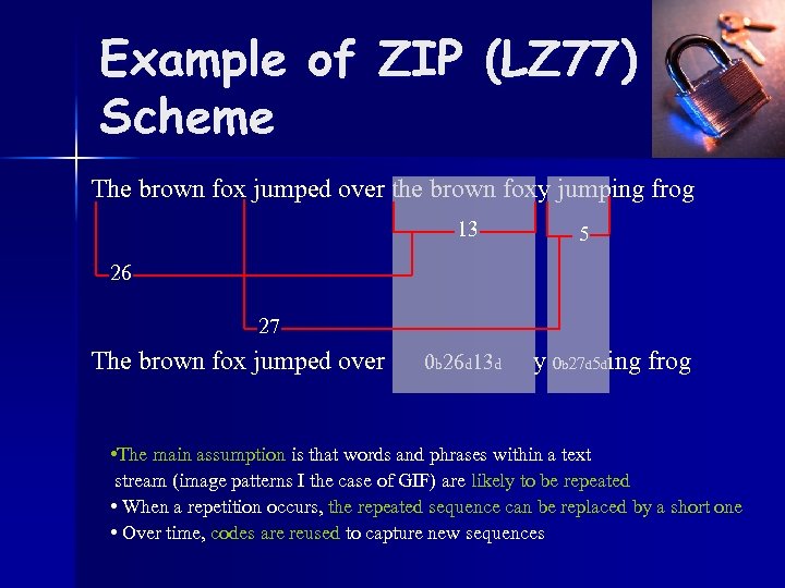 Example of ZIP (LZ 77) Scheme The brown fox jumped over the brown foxy