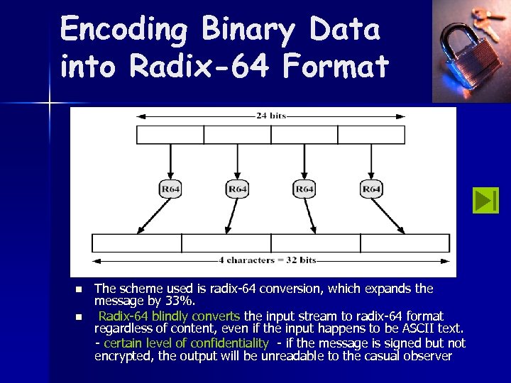 Encoding Binary Data into Radix-64 Format n n The scheme used is radix-64 conversion,