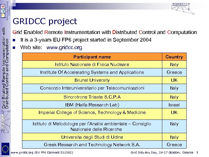 GRIDCC project Grid Enabled Remote Instrumentation with Distributed Control and Computation n It is