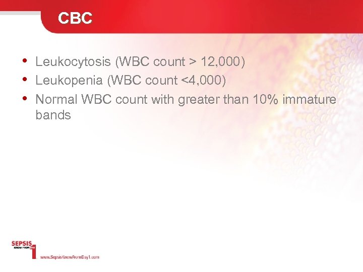 CBC • Leukocytosis (WBC count > 12, 000) • Leukopenia (WBC count <4, 000)